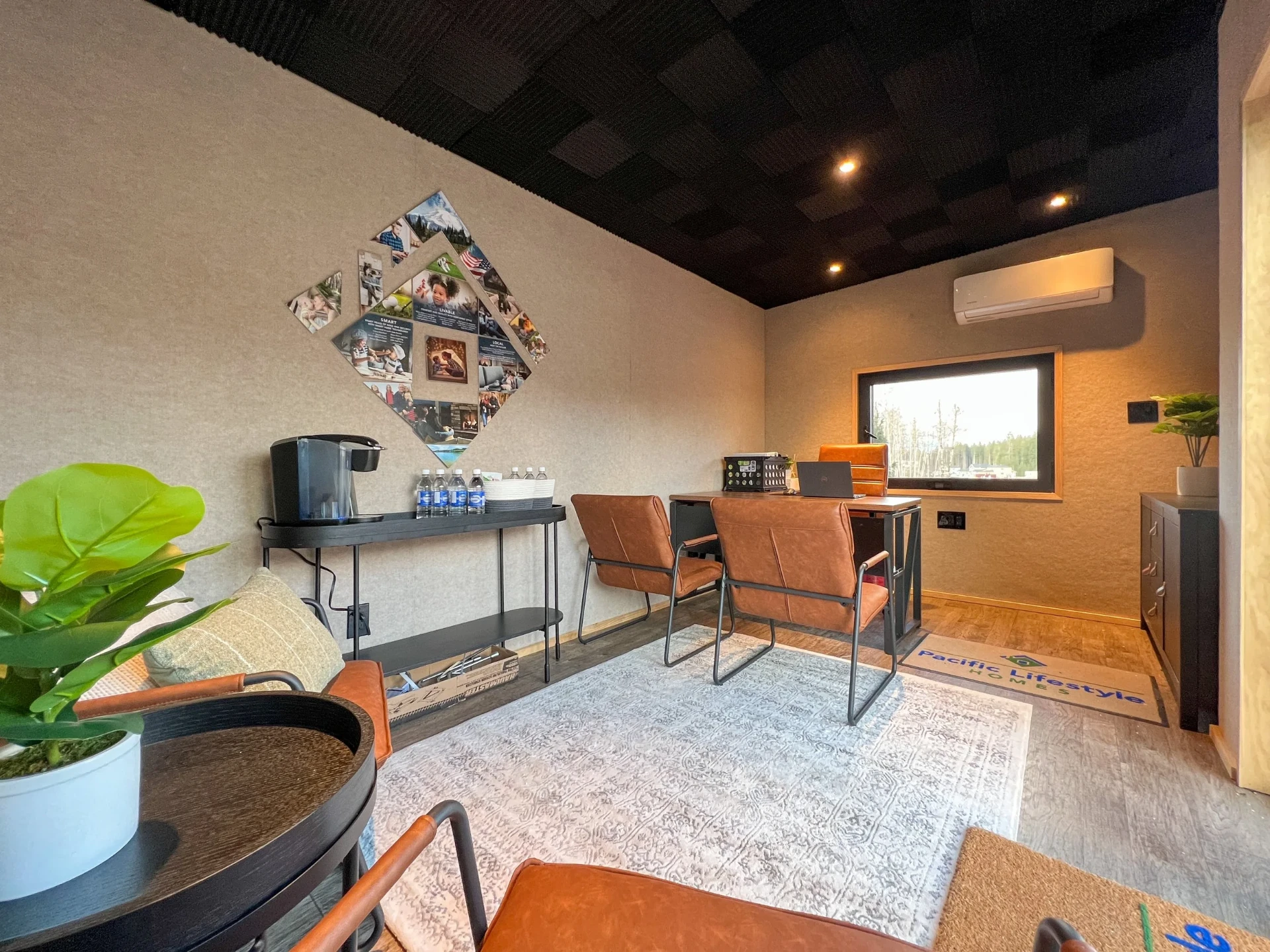 Insulated studio shed interior with finished walls and lighting
