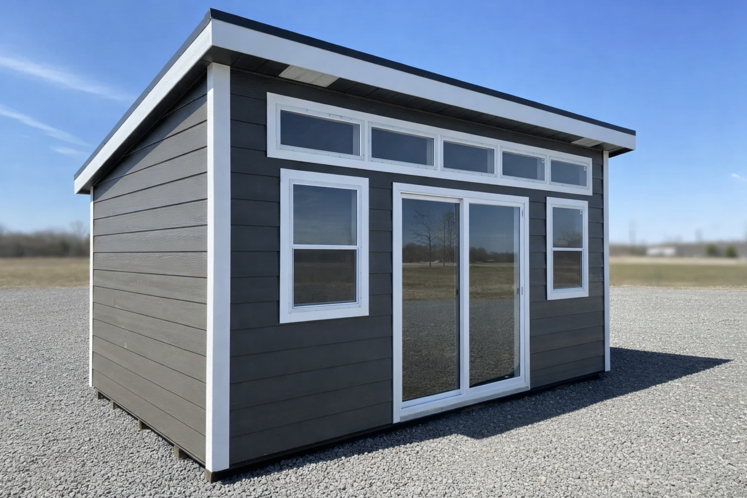 Modern prefab studio shed used as a backyard office in Minnesota